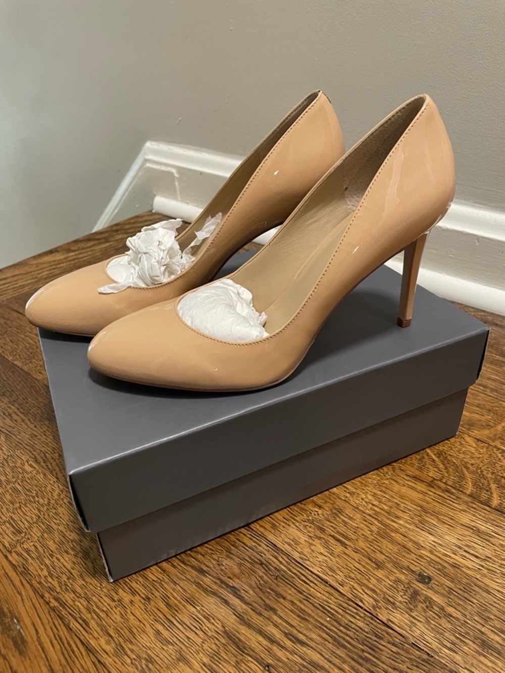 Ann Taylor Nude Patent Leather Rounded Toe Pumps